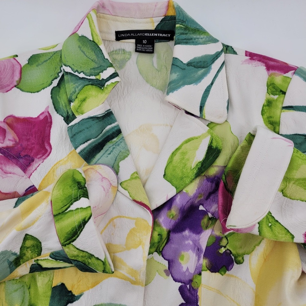 Linda Allard Ellen Tracy White Floral Cotton Jacquard Blazer Jacket Size 10
